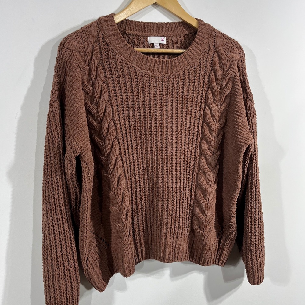 SO Brown Fisherman Cable Knit Chunky Crewneck Sweater Large Preppy Grunge Boho